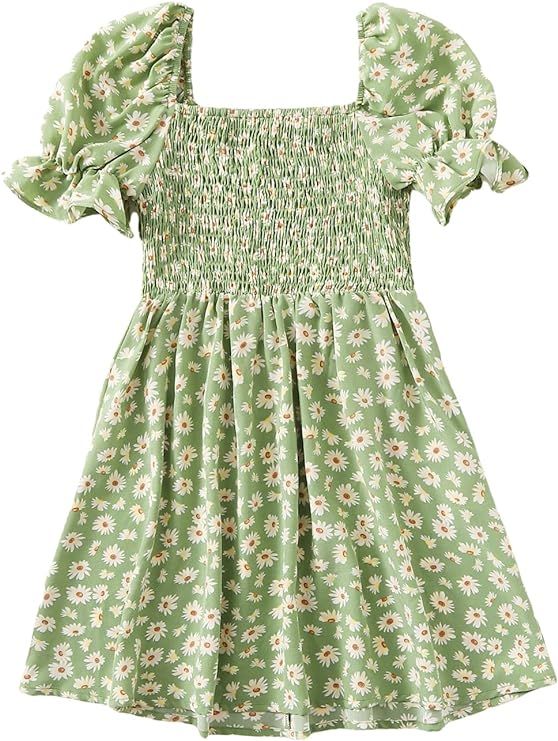 Verdusa Girl's Floral Print Puff Sleeve Square Neck Mini A Line Dress | Amazon (US)