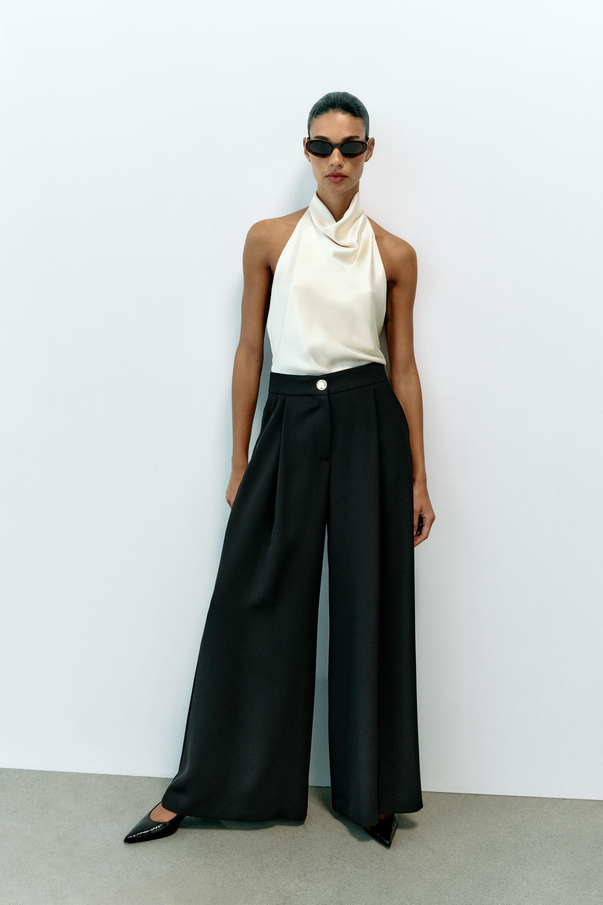 Zara - Gold Button Palazzo Pants - Oyster-White - S - Woman | Zara US