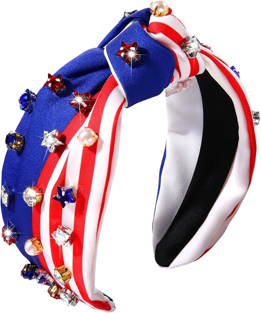 NVENF 4th of July Headbands, American Flag Star Headband Pearl Crystal Rhinestone Knotted Headban... | Amazon (US)