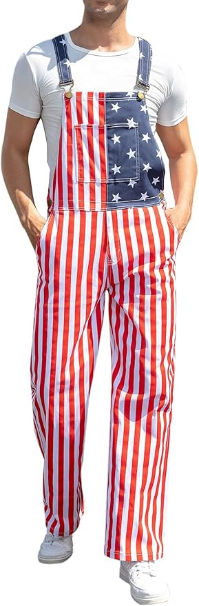 Mens American Flag Overalls Denim Bib Shorts Romper Adjustable Strap with Pockets | Amazon (US)