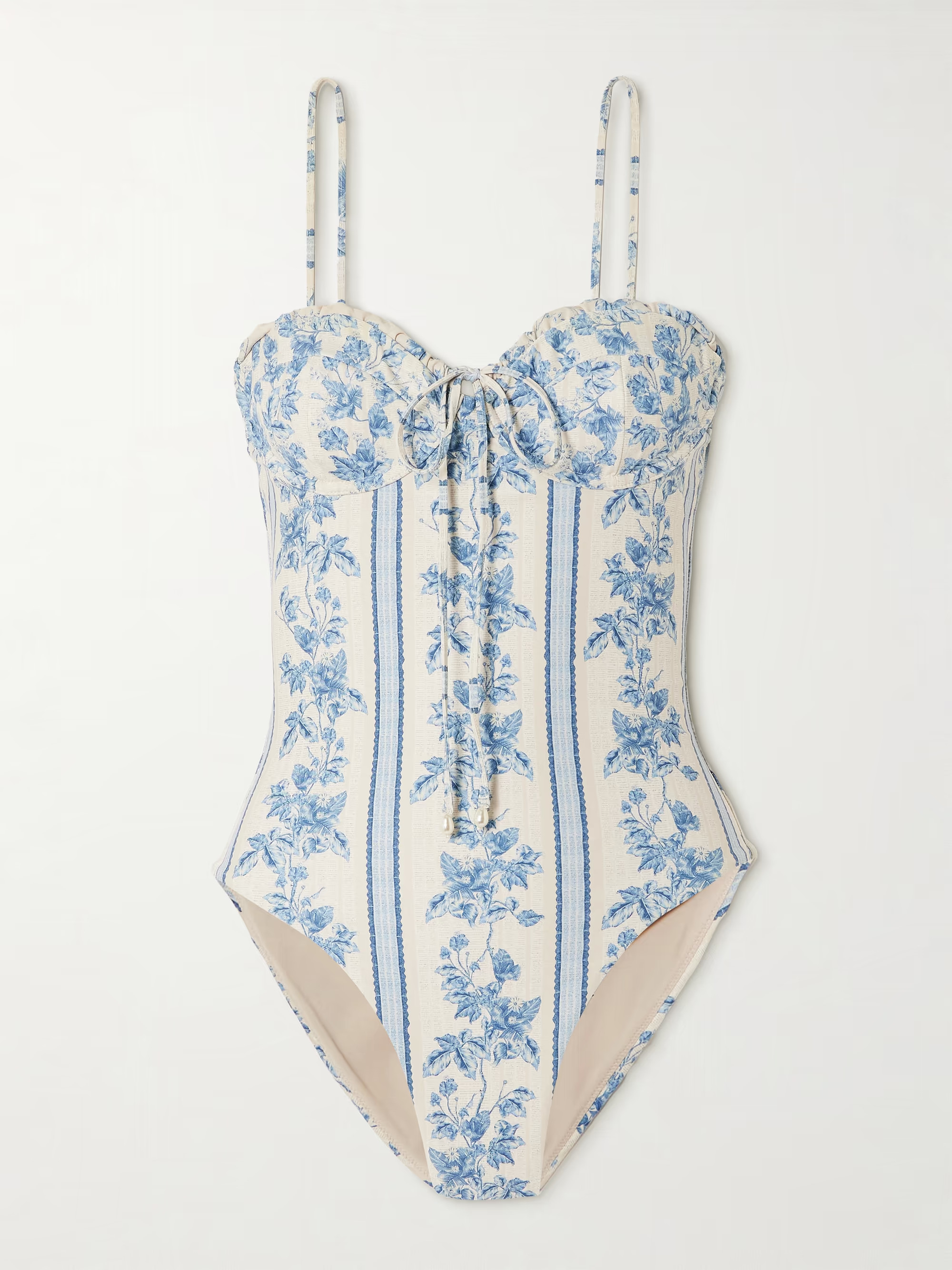 Ébano Bougainvillea faux pearl-embellished tie-detailed floral-print recycled swimsuit | NET-A-PORTER (US)