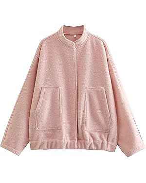Ainangua Women's Casual Wool Blend Jacket Stand Collar Button Down Long Sleeve Bomber Shacket Jac... | Amazon (US)