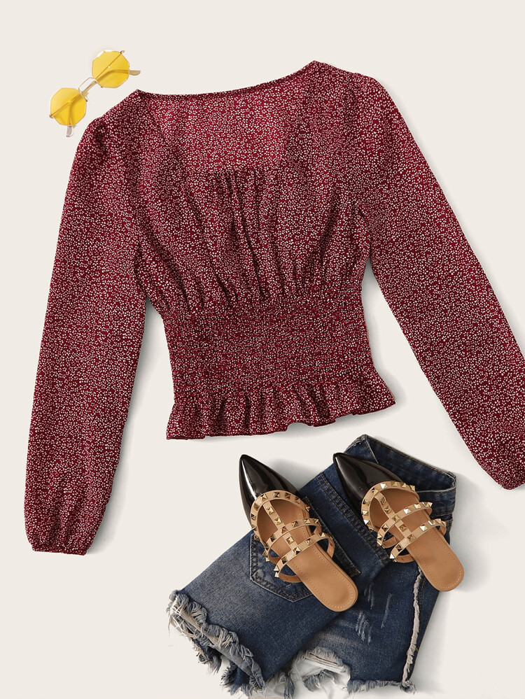 Ditsy Floral Print Shirred Waist Blouse | SHEIN