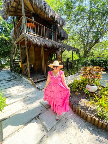 Belk, pink dress belk, long pink dress, crown and ivy, pink crown and ivy, vacation style, summer style, pink long dress, rhinestone sandals, straw hat