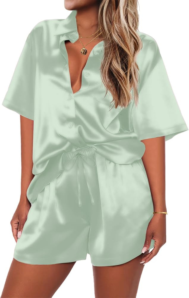 Ekouaer Pajamas for Women Silk Satin Pjs Soft Sleepwear Short Sleeve Button Down Pjs Top and Shor... | Amazon (US)