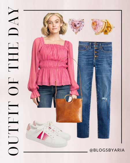 Pretty in pink outfit of the day 💖 casual outfit idea with long sleeve pink peplum top paired with high rise denim jeans pink striped sneakers, heart stud earrings and classic brown bag. 

#competition #outfitidea #casualoutfit #outfitoftheday 

#LTKstyletip #LTKFind #LTKSeasonal