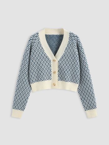 Knit Fabric All Over Print Contrasting Button Up Cardigan For School Daily Casual | Cider