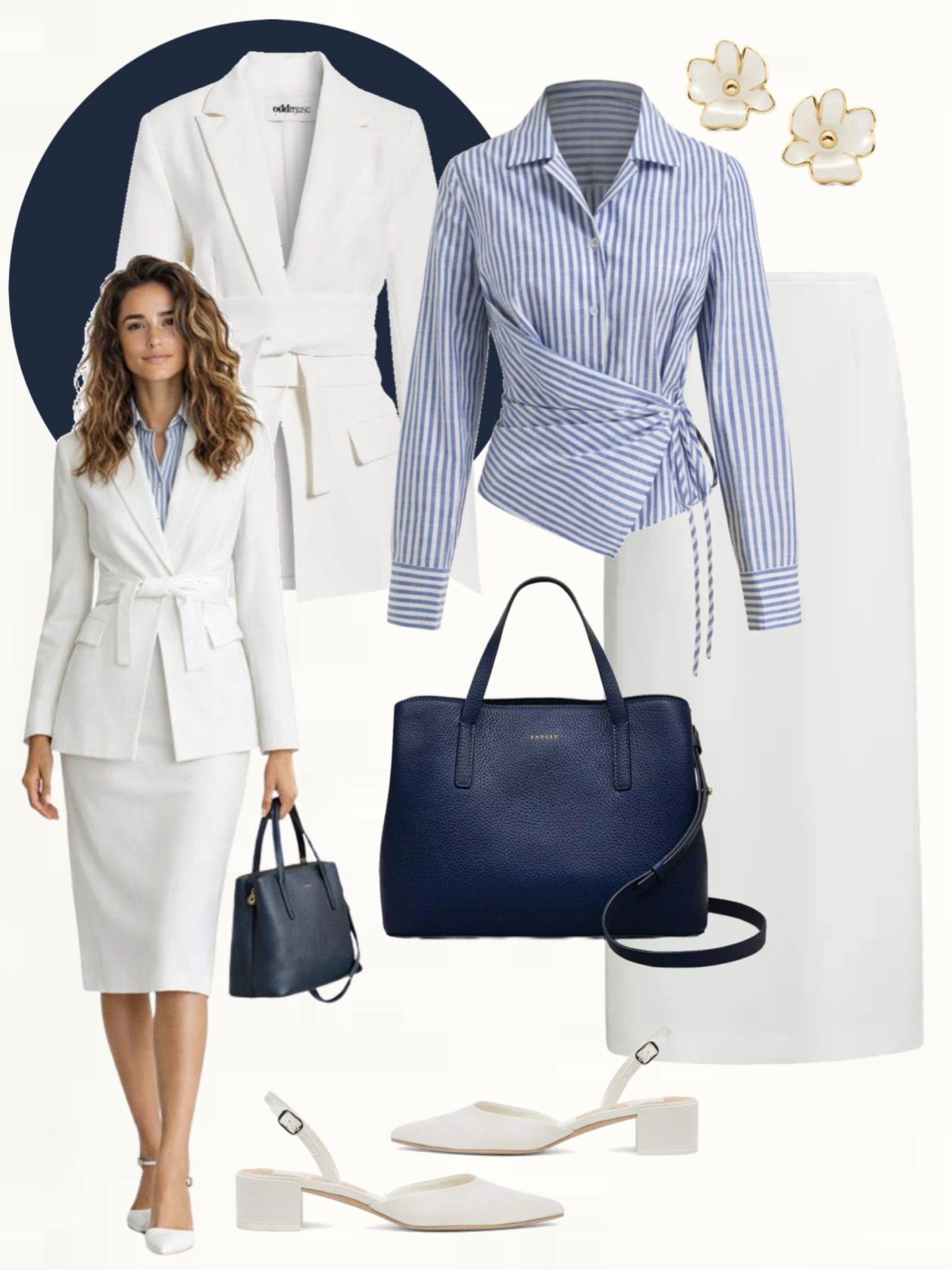 White belted blazer with matching white midi skirt, blue striped wrap shirt, white low heels, navy structured tote bag, and gold floral earrings.
#officeoutfits #springstyle #chiclooks

#LTKootd #LTKWorkwear #LTKOver40