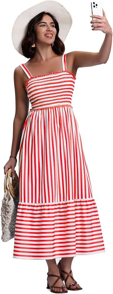 SeSe Code Womens Summer Maxi Dress Smocked Sleeveless Beach Vacation Casual Long Sundress | Amazon (US)