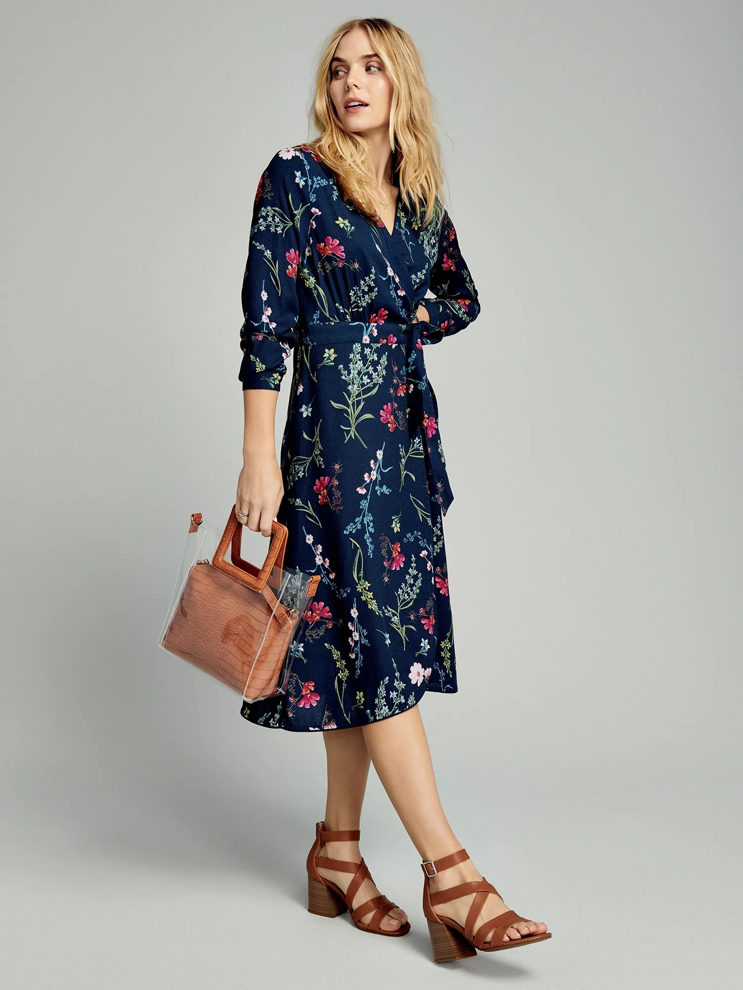 Time and Tru Women's Long Sleeve Faux Wrap Floral Dress | Walmart (US)