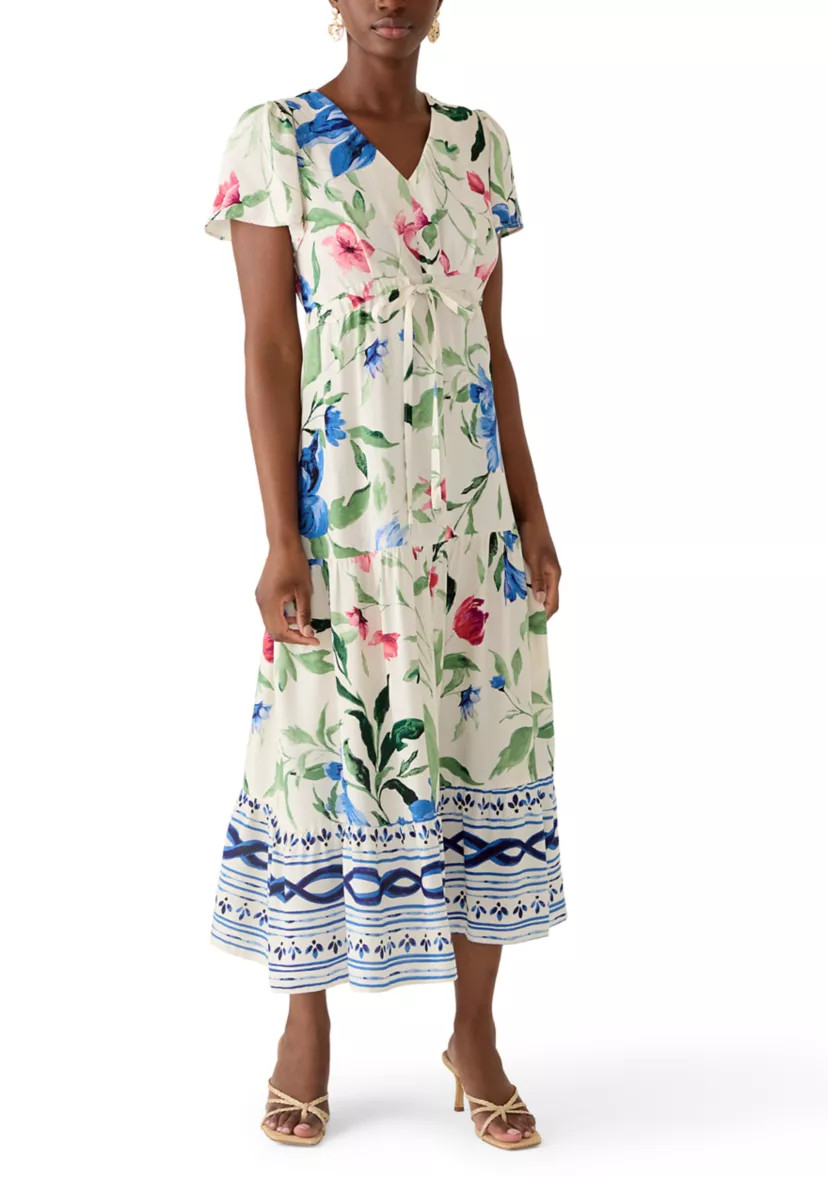 Petite Challis Short Sleeve Midi Dress | Belk