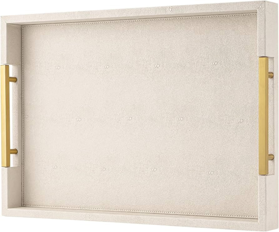 Beige Faux Leather Serving Tray with Handles – Large Decorative Tray for Coffee Table, Ottoman,... | Amazon (US)