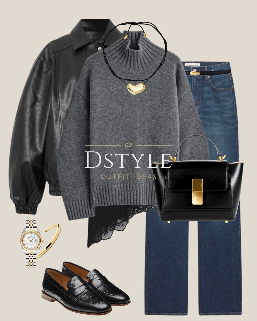 Edgy Style Meets Classic Polish 🖤 This look is all about contrast! The oversized black faux leather jacket and chunky grey turtleneck with the lace trim give off a cool, relaxed vibe. But the sophistication comes from the accessories: the croc-embossed leather loafers and this stunning black top-handle bag with its distinctive gold closure. It's the perfect way to elevate casual denim! 

 #leatherjacket #bikerchic #turtleneck #denimstyle #blackbag #tophandlebag #loafers #crocembossed #casualstyle #ltkfashion #outfitinspo #LTKootd #LTKWorkwear