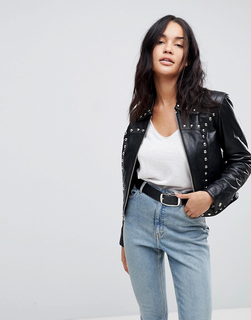 ASOS Leather Zip Through Studded Western Jacket - Black | ASOS US