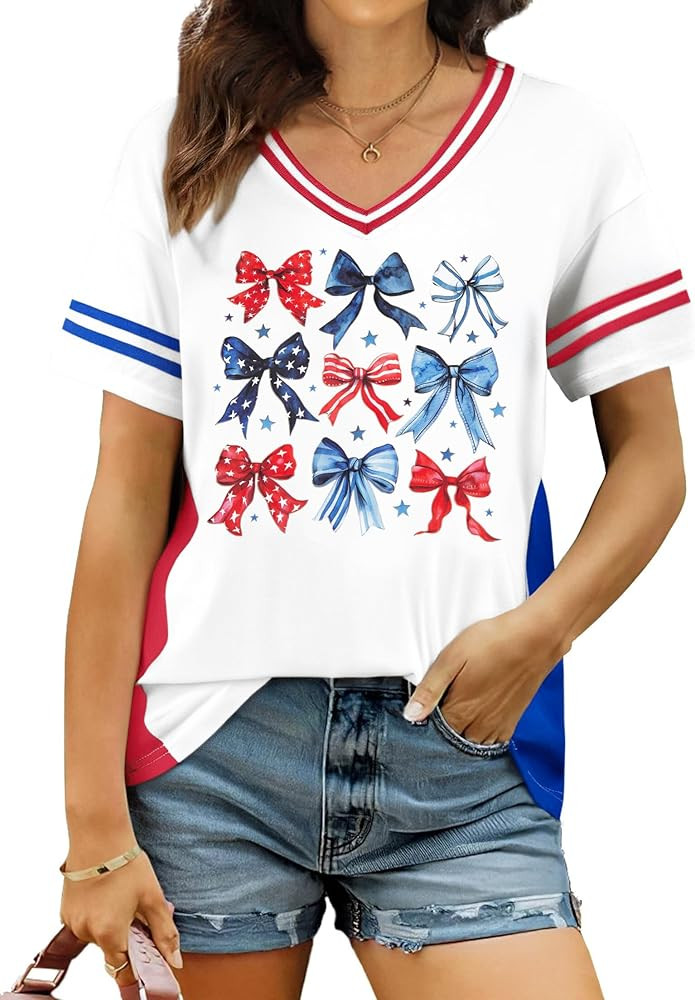 4th of July Shirt Women USA Jersey Patriotic T-Shirt Coquette Bow Tee American Flag T Shirt V-Nec... | Amazon (US)