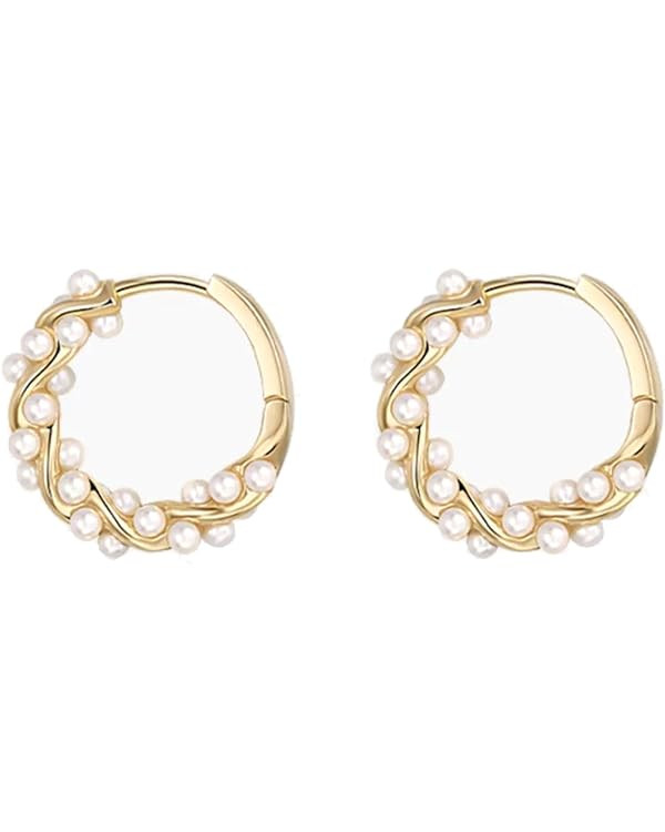 Pearl Chunky Gold Hoop Earrings For Women Trendy Sterling Silver Twisted Hoop Earring | Amazon (US)