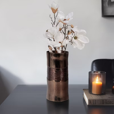 Modern Glass Vase with Textured Enamel Finish - Metallic Decorative Tall Cylinder Vase for Home, Office, Living Room & Bedroom - 11" Bronze & Copper | Target