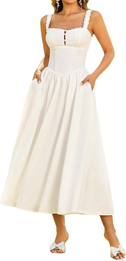 KUTUMAI Women Summer Lace Square Neck Midi Dress Corset Smocked Flowy A Line Beach Wedding Guest ... | Amazon (US)