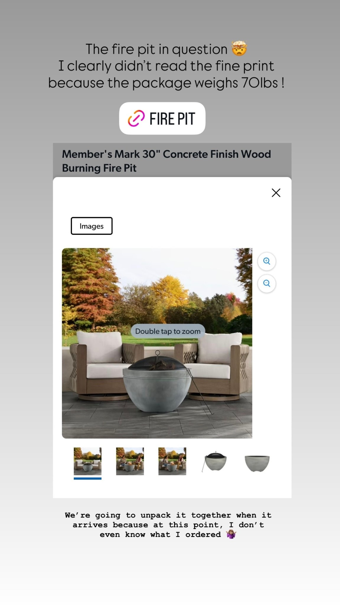 The fire pit in question 🤯
I clearly didn’t read the fine print because the package weighs 70lbs ! We’re going to unpack it together when it arrives because at this point, I don’t even know what I ordered 

#LTKSeasonal #LTKHome #LTKSaleAlert