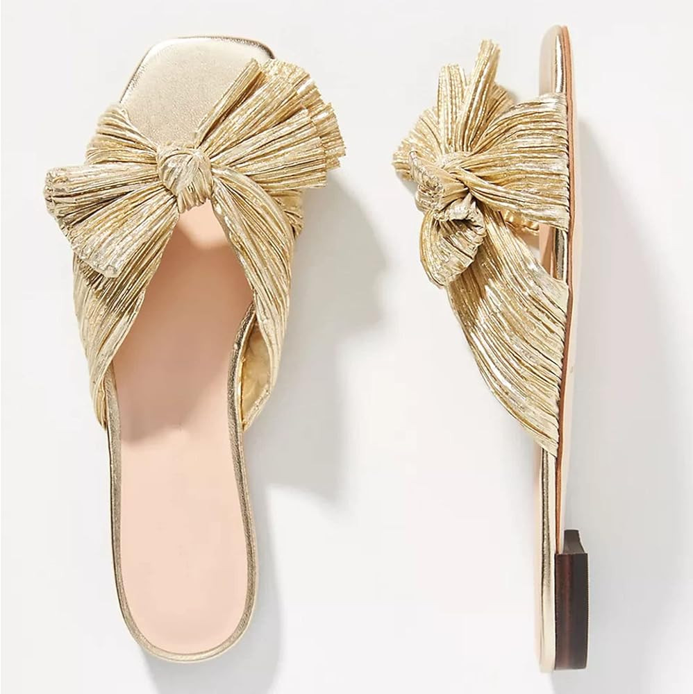 Mattiventon Flat Slide Bow Sandals for Women Open Square Toe Slip on Muels Dress Sandals | Amazon (US)