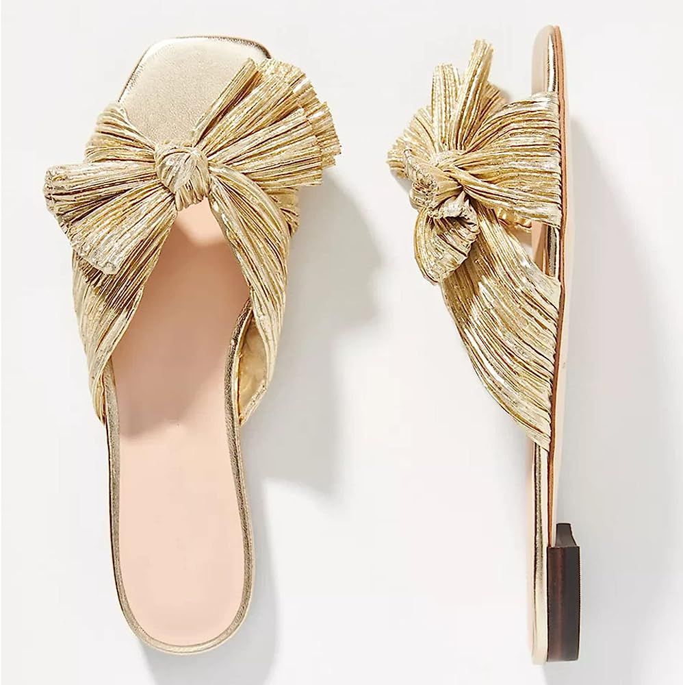 Mattiventon Flat Slide Bow Sandals for Women Open Square Toe Slip on Muels Dress Sandals | Amazon (US)