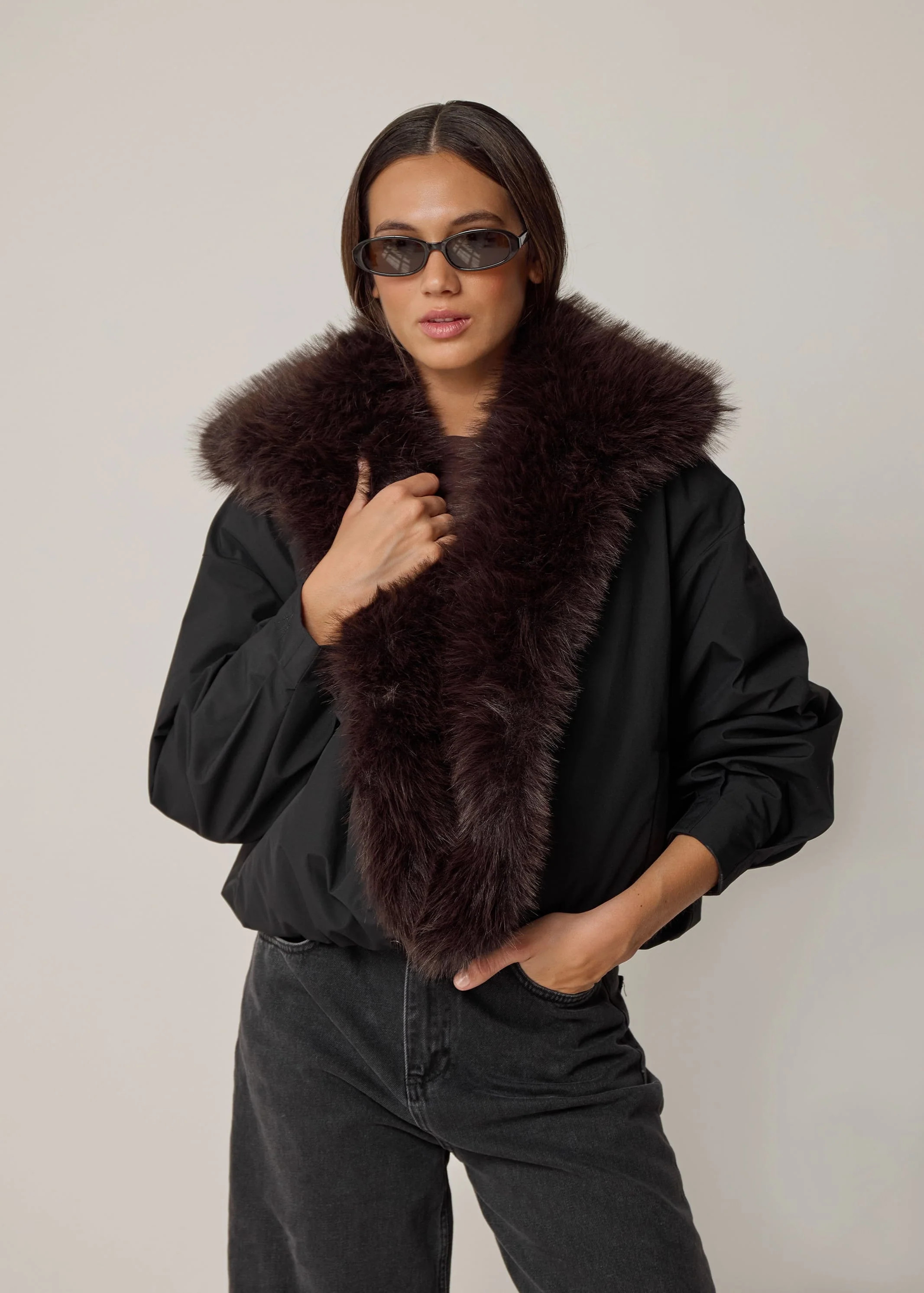 FAUX FUR COLLARED BOMBER - BLACK | WAT The Brand