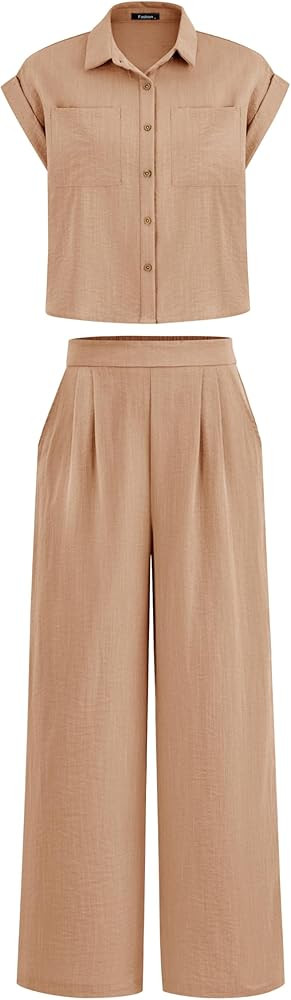 PRETTYGARDEN Womens 2 Piece sets Summer Cap Sleeve Tops Palazzo Pants Dressy Casual Vacation Trav... | Amazon (US)