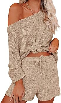 Mafulus Women's 2 Piece Outfits Sweater Set Off Shoulder Knit Top + Drawstring Waist Short Suits ... | Amazon (US)