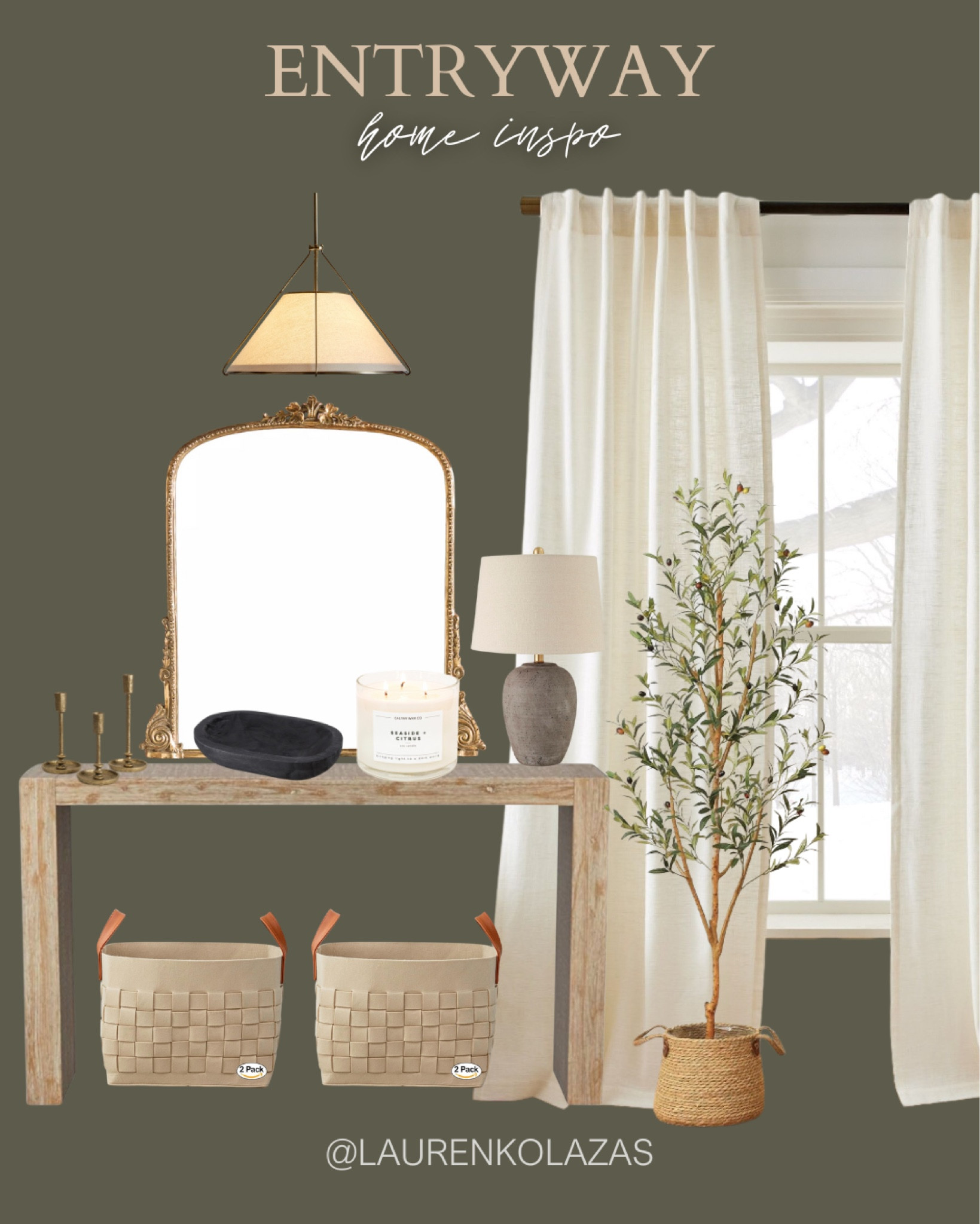 Take a look at this entryway inspo for a welcoming home space: light white curtains, light fixture, classic gold-rimmed mirror, wooden console table, ceramic lamp, woven baskets, and more!
#furniturefinds #interiordesign #modernhome #summerrefresh

#LTKStyleTip #LTKSeasonal #LTKHome