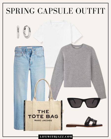 Spring smart casual inspo 🖤

Gray cashmere / white tee / light blue wash / elevated sandals / black sandals / canvas tote / sunglasses / silver earrings 

#LTKstyletip #LTKSeasonal