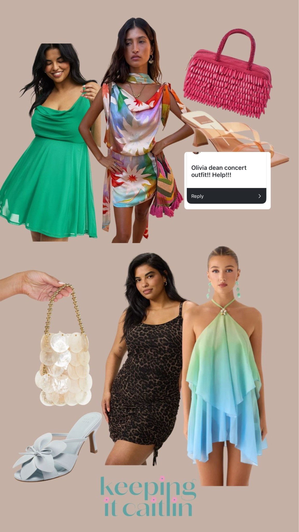 Olivia dean summer concert outfit inspo. Blue and green halter dress is pepper mayo.