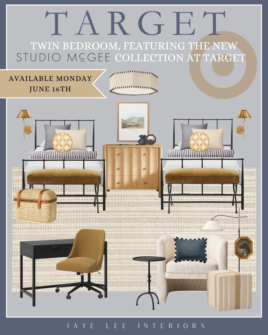 TARGET TWIN BEDROOM, featuring the new STUDIO MCGEE collection at TARGET...
flush mount bedroom lighting,
Target bedroom furniture, affordable bedroom design, accent chair, office desk and office chair, foot of the bed bench, Threshold with Studio Mcgee Launch, target new arrivals, neutral rug, brass bedside sconce, throw pillows, sophisticated kids room #targetstyle 

 #LTKHome #LTKStyleTip #LTKKids