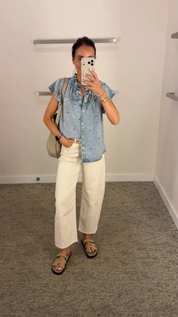 Cute spring outfit with denim top and white barrel leg jeans. I' m wearing size S in top. 



#LTKootd #LTKOver40 #LTKmomlife