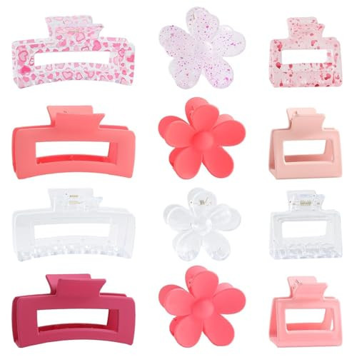 AUDTOPE Claw Hair Clips for Women Girls - 12PCS Thick Hair Clips with Printed Square Jaws, Nonslip Flower Clips for Styling Accessories, Pink | Amazon (US)