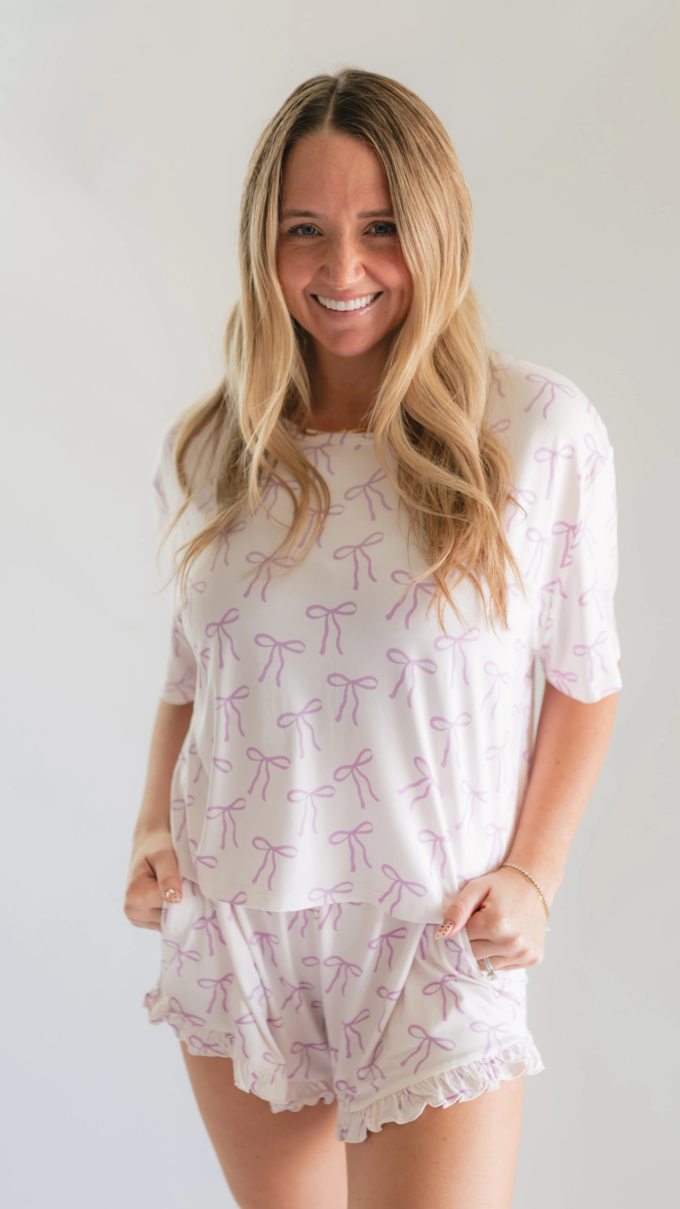 Women’s Ruffle Short Set in Purple Bows | Silks Design