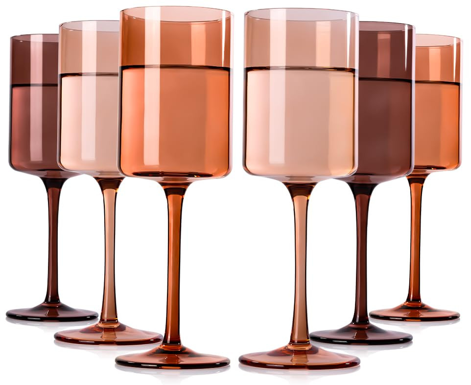 Venus Colored Square Wine Glasses Set of 6, 14oz【Hand Blown】 Brown Crystal Wine Glasses with ... | Amazon (US)