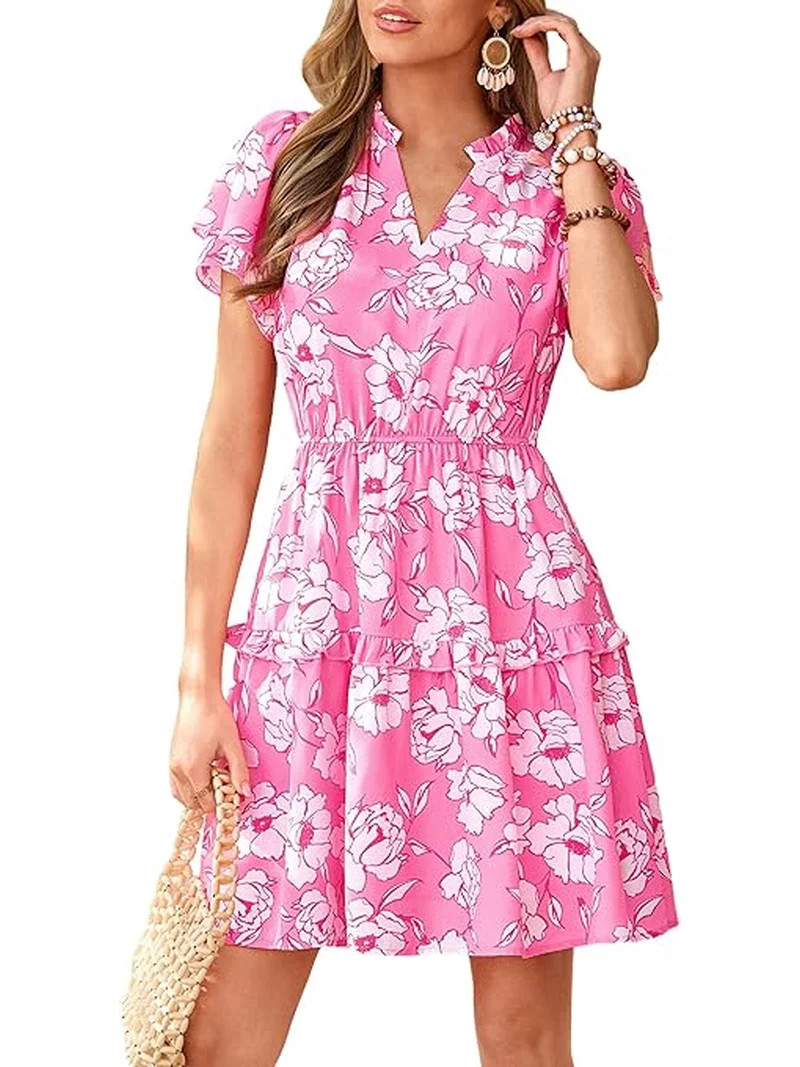 PRETTYGARDEN Womens Summer Floral Mini Dress Trendy Ruffle Short Sleeve V Neck Flowy A Line Short... | Walmart (US)
