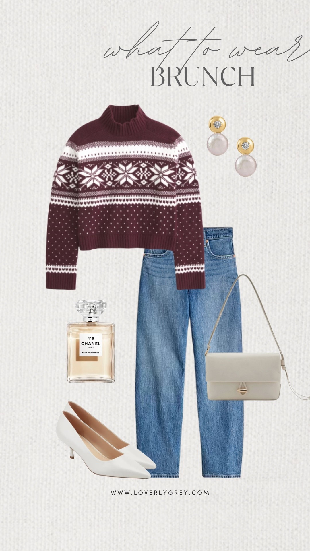 Loverly Grey, what to wear to brunch! Fair Isle sweaters have been trending lately and I love this one from Abercrombie. I paired it with high waisted denim, white heels, and subtle pearl earrings to complete the look. Loverly Grey, what to wear, brunch

#LTKgrwm #LTKSeasonal #LTKHoliday