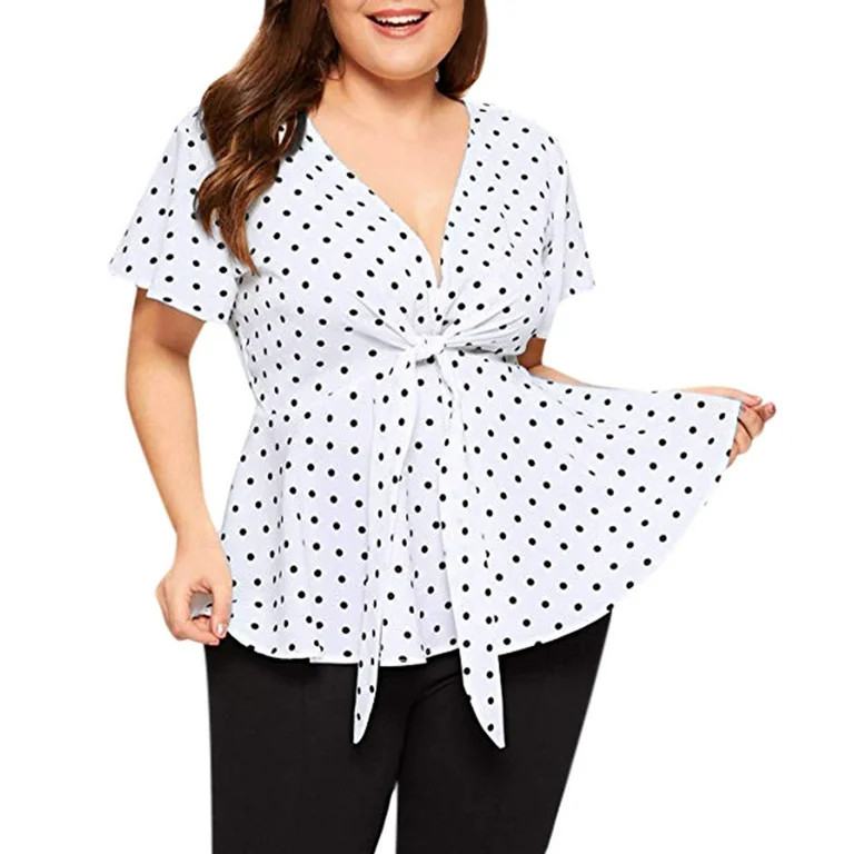Gobestart Women's Plus Size V Neck Short Sleeve Shirt Top Polka Dot Knot Front Blouse | Walmart (US)