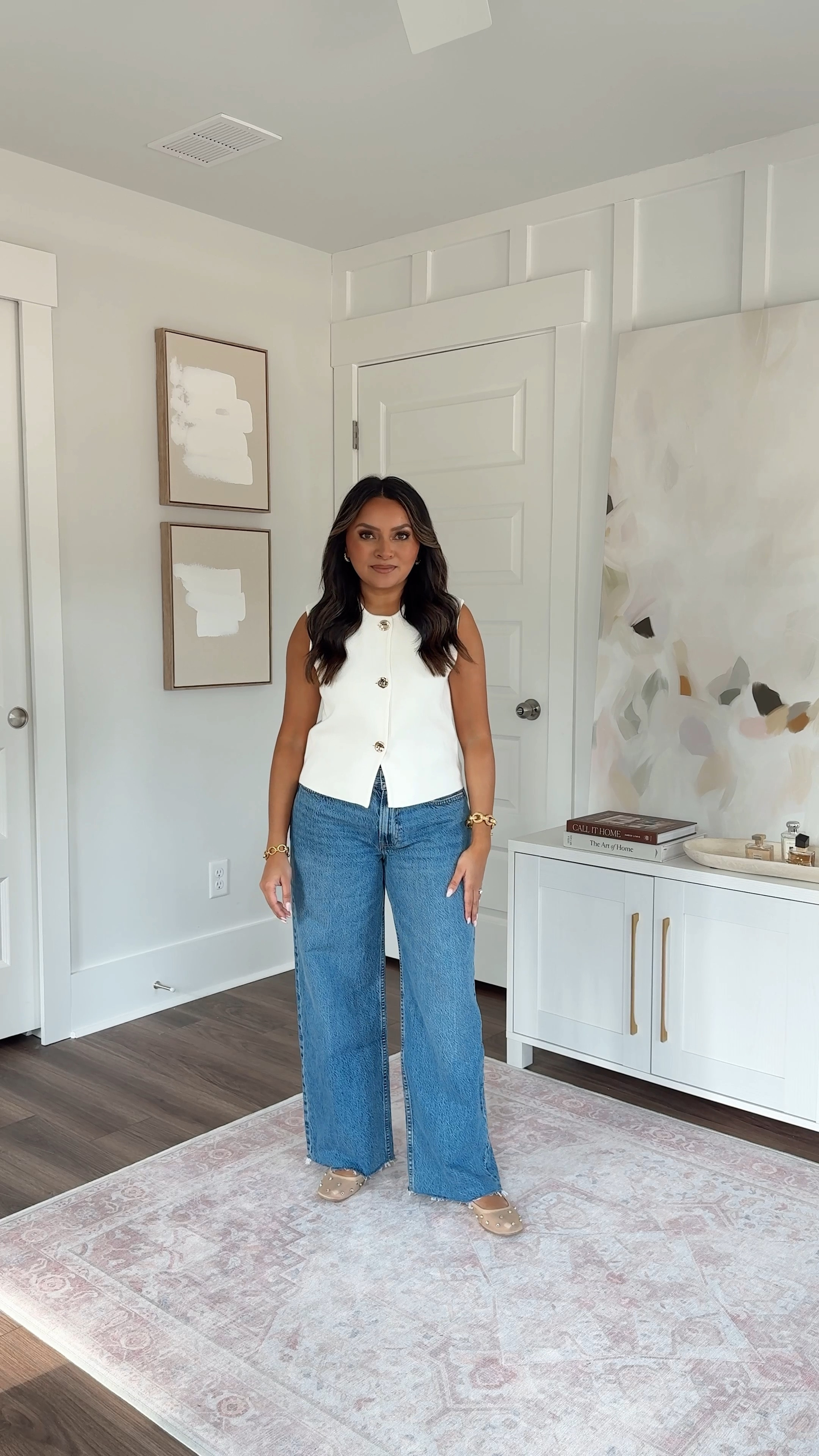 On sale plus an extra 15% off with code DENIMAF
For reference: I’m a 32b bra size and 2/26 in bottoms, pear shaped. 

White sweater top size xs TTS 
Blue jeans in medium raw hem size 26 short in curve love TTS 
Flats size 5 TTS


#LTKPetite #LTKStyleTip #LTKSaleAlert