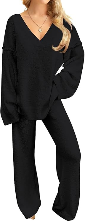 NORACORA Womens 2 Piece Fuzzy Fleece Lounge Sets Long Sleeve V Neck Pajama Set Fluffy Pjs Matchin... | Amazon (US)