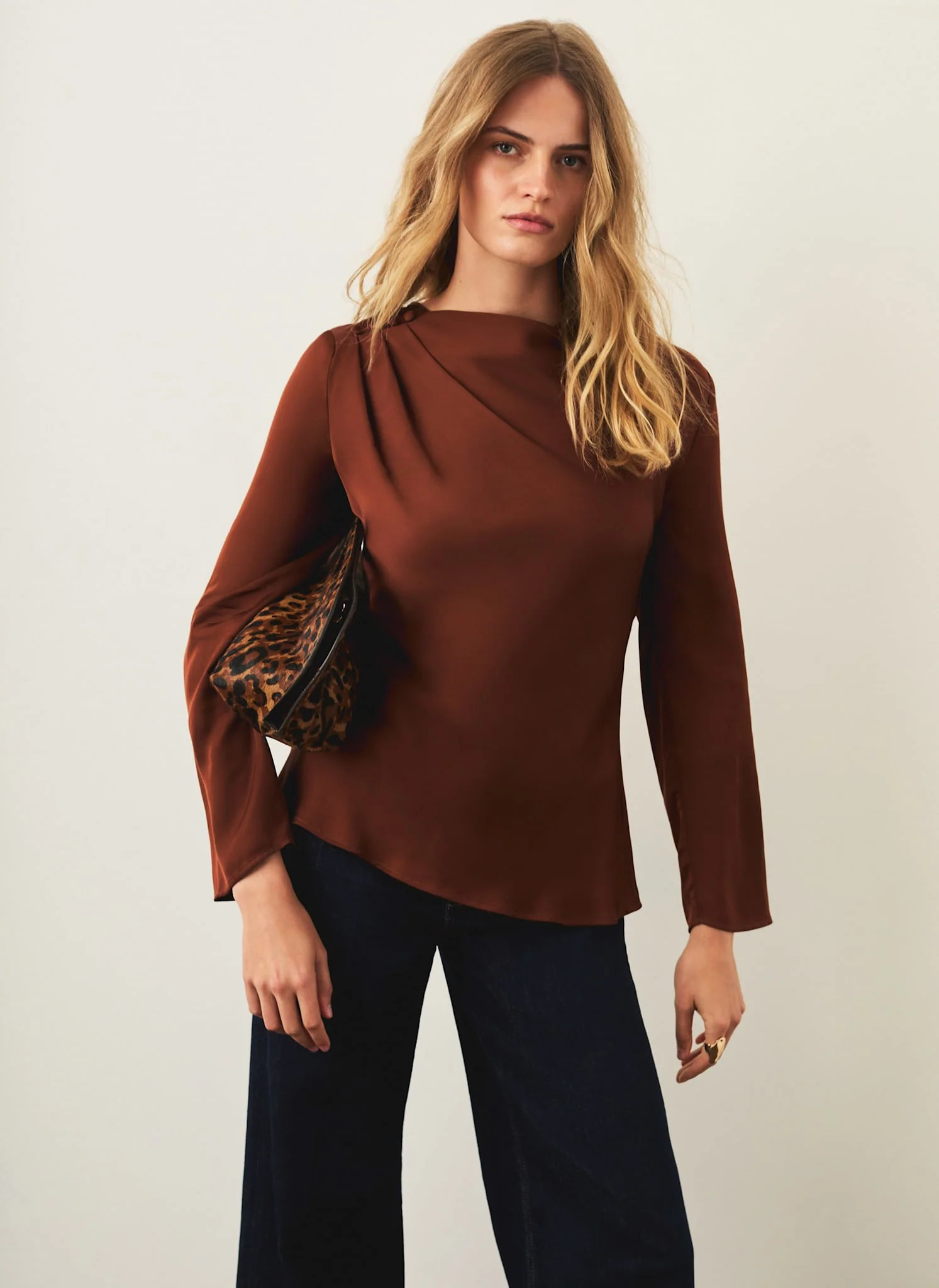 Brown Satin Drape Top | Mint Velvet - US