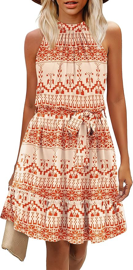 XIEERDUO Womens Summer Dresses Halter Neck Pleated Front Tie Waist Backless Ruffle Sun Dress | Amazon (US)