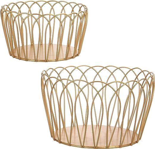 MyGift Gold-Tone Nesting Round Metal Storage Bowls, 10-Inch Large Fruit Basket and 7.5 Inch Small... | Amazon (US)