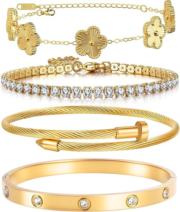 18K Gold Plated Womens Stackable Floral Gold Clover Bracelets Set Love Bangle Bracelets Non Tarni... | Amazon (US)