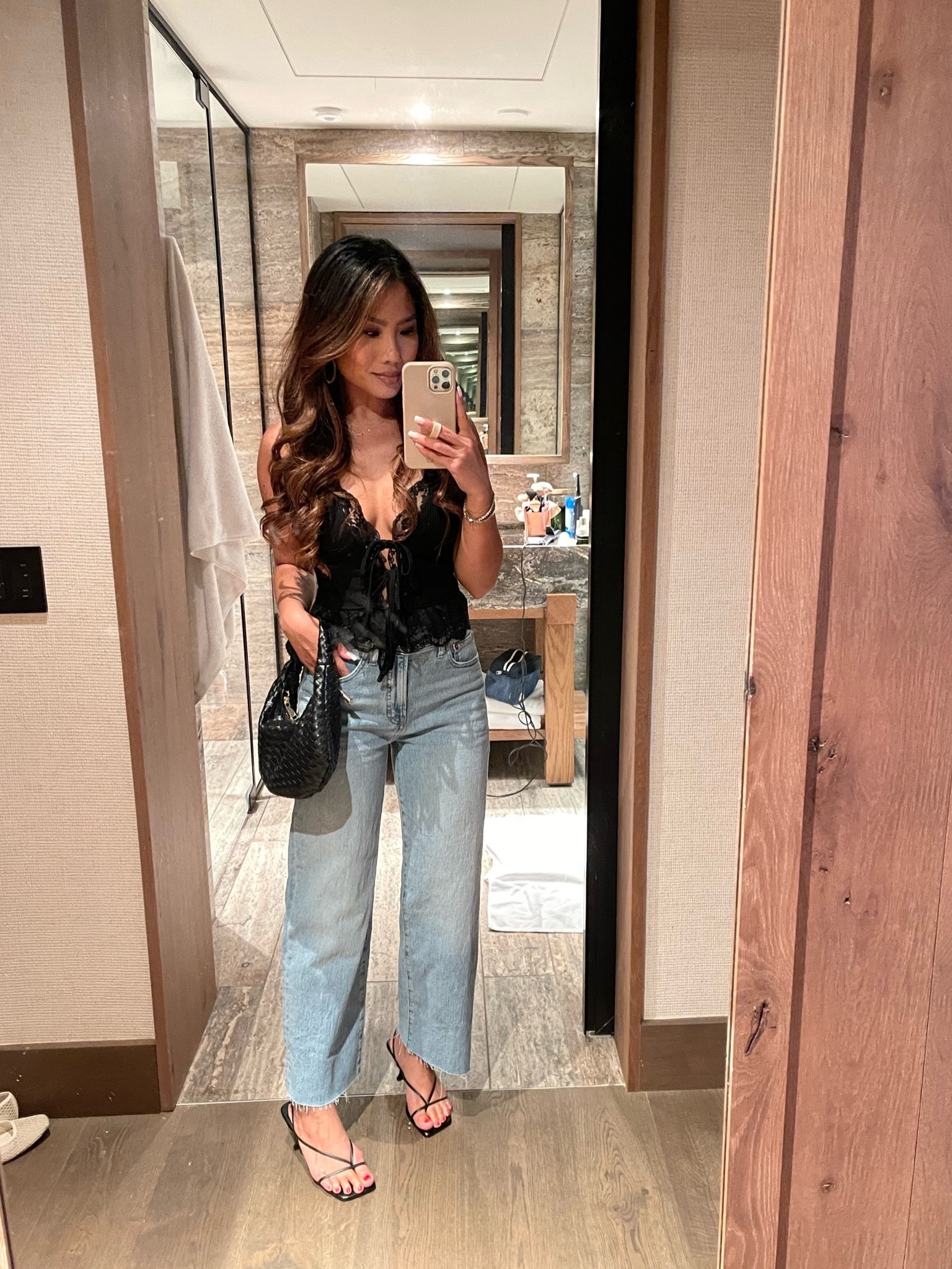 20% off my heels and bag with code ANTHRO20

Sizing:
Top - wearing S wish I did XS
Jeans - tts, 25 standard in crop style 
Heels - sized up 1/2 size 