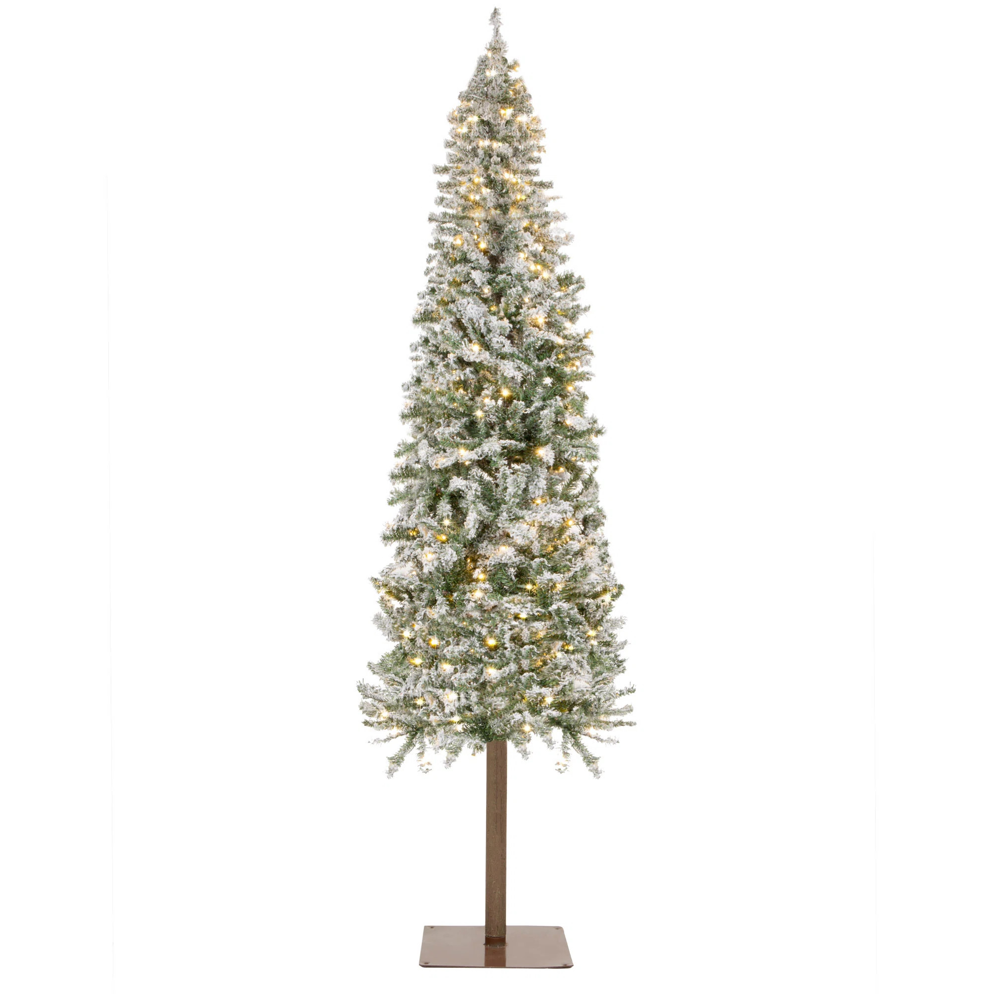 Pre-Lit Slim Pencil Christmas Tree, Snow Flocked Holiday Decoration w/ LED Lights, Stand | Wayfair North America