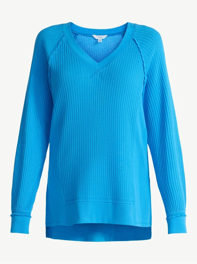 Time and Tru Women's Waffle Knit Tunic V-Neck Sweatshirt with Long Sleeves, Sizes XS-3XL | Walmart (US)