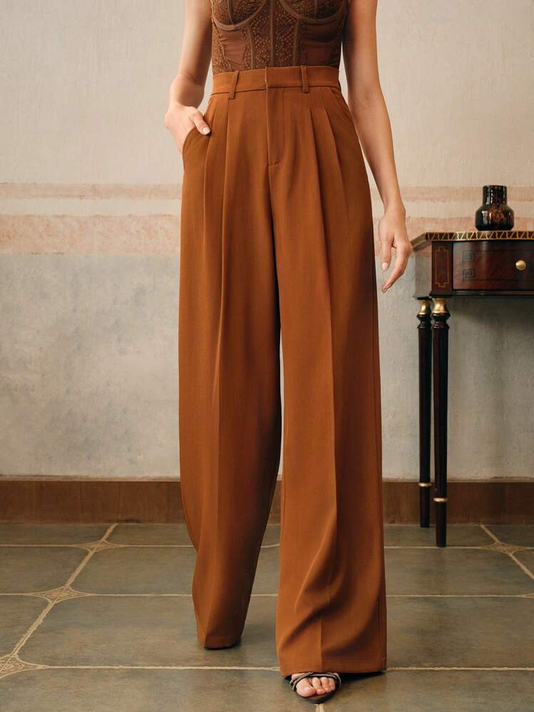Anewsta Solid Color Fashionable Commuter Chic Elegant Women Straight Suit Pants, Vacation/New Year | SHEIN