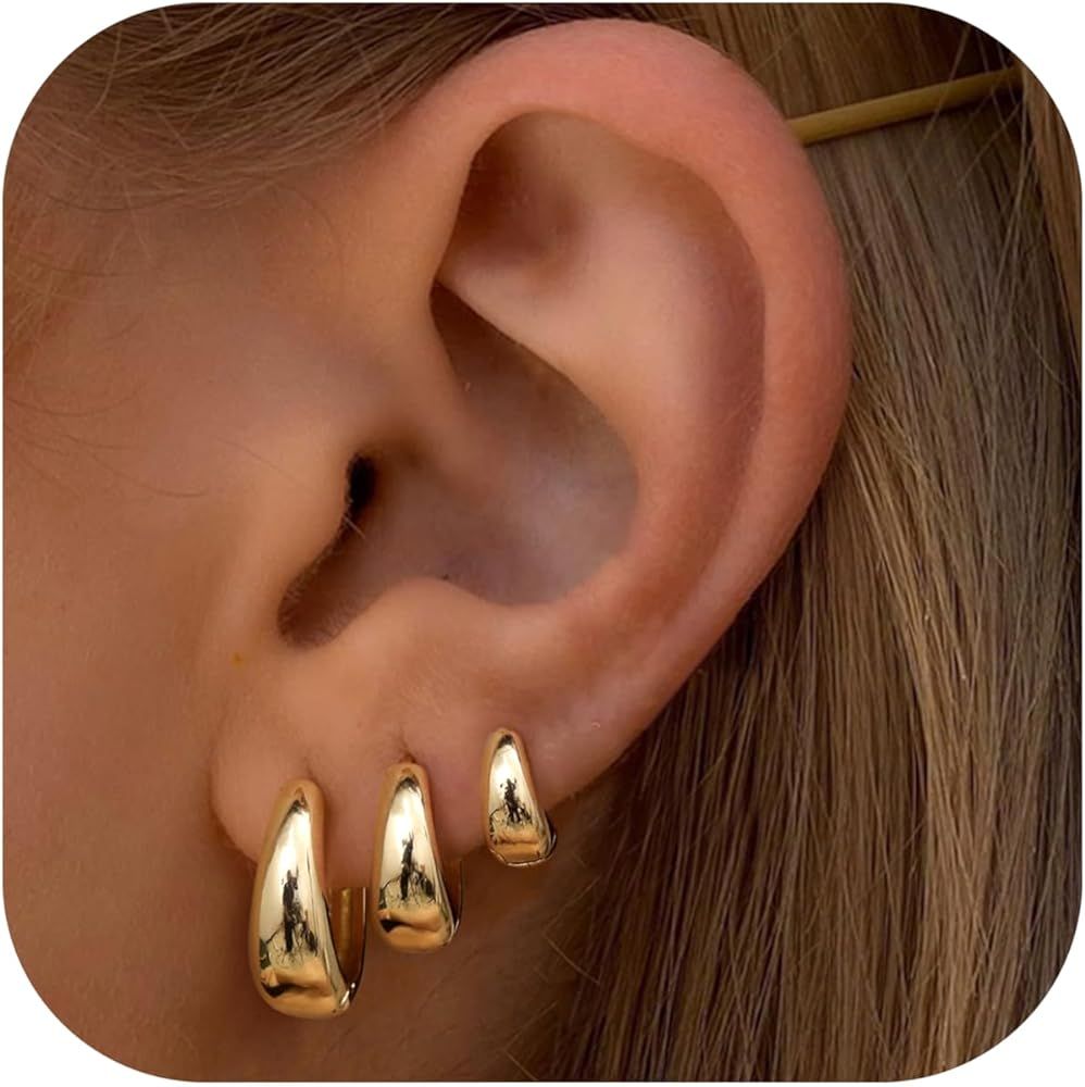 BESTEEL 3Pairs Gold Hoop Earrings Set for Women Chunky Gold Silver Hoop Earrings 14K Gold Filled ... | Amazon (US)